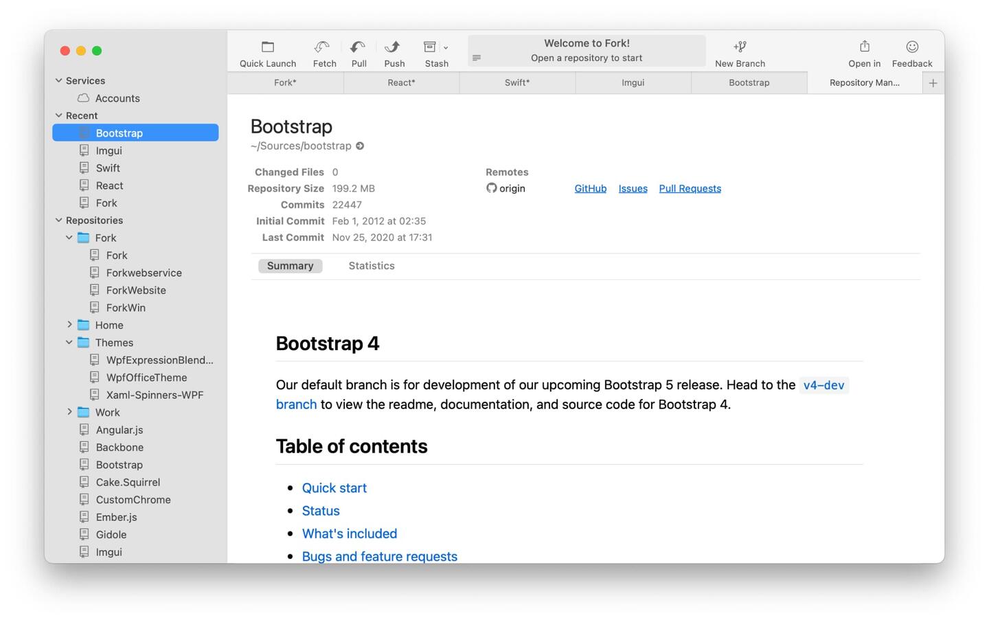 Fork's Repository Manager and summary view listing recent repositories in groups