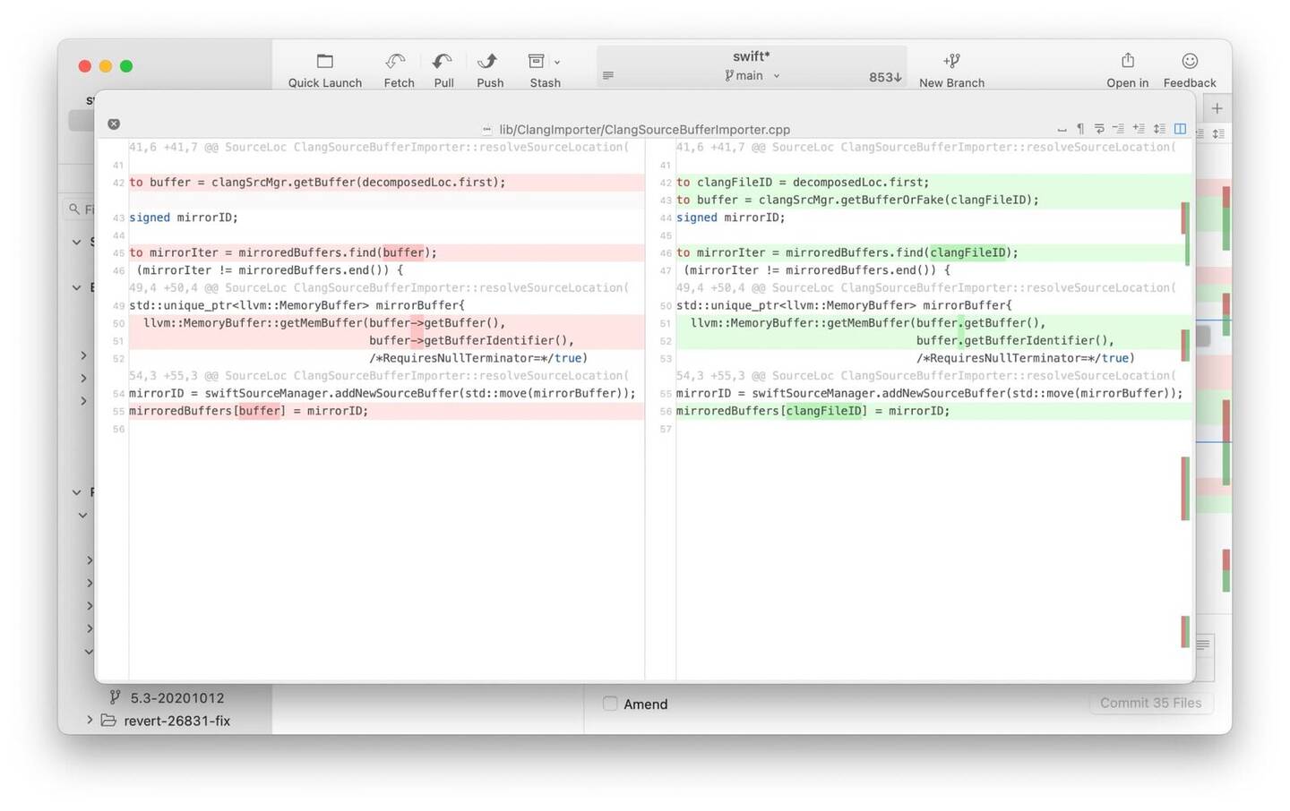 Fork showing a side-by-side file diff with character-level highlights and a commit action bar