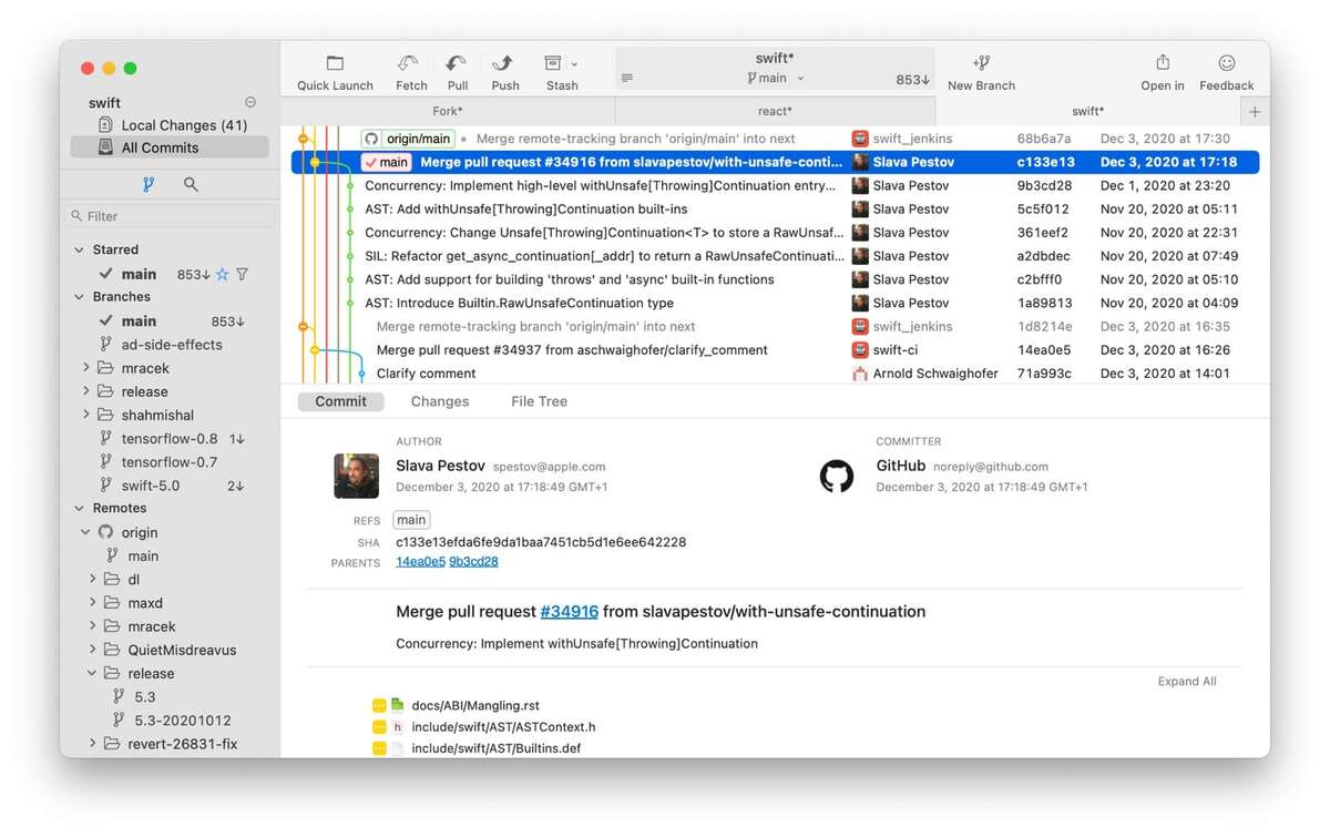 Fork's main window showing a commit graph, commit list, and changeset panel for a single repository