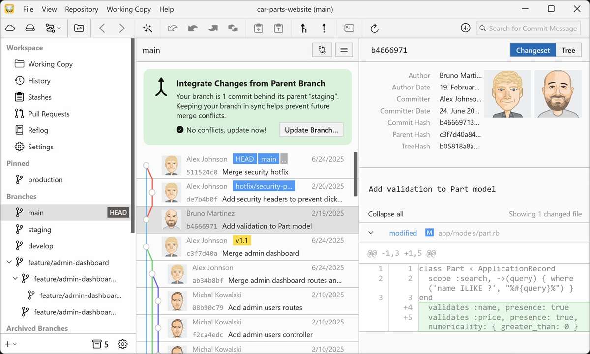 Tower's History view with a commit graph, branch sidebar, and selected-commit details