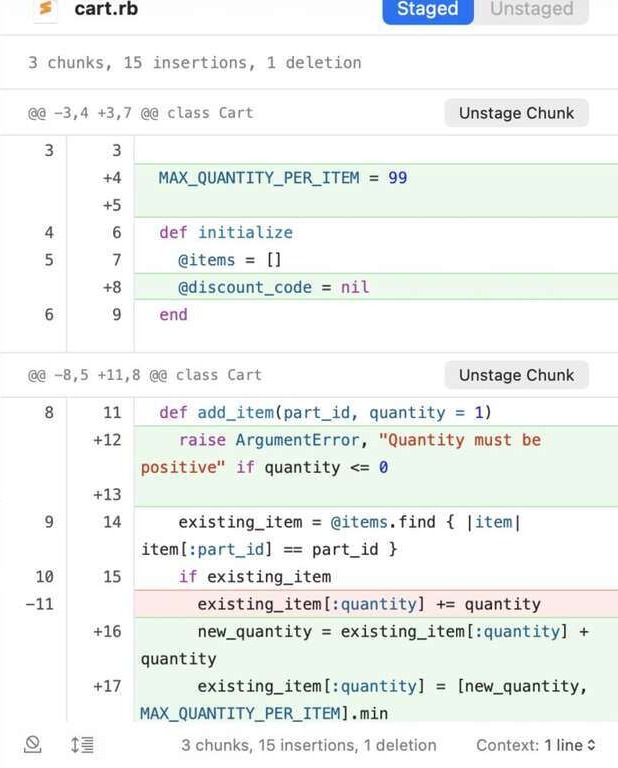 Tower diff pane showing a small staged change with insertions and deletions highlighted