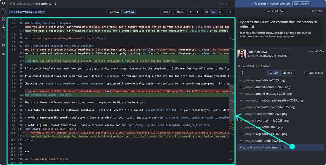GitKraken full-screen diff of a markdown file with word-level highlights and a file list sidebar