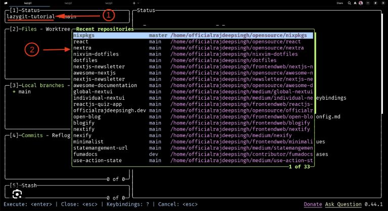 Lazygit's recent repositories popup listing local repos with branch names and filesystem paths