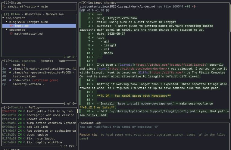 Lazygit showing an untracked file's diff beside files, branches, and recent commits