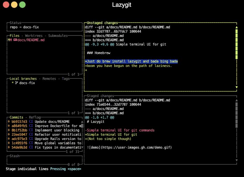 Lazygit's terminal UI with status, files, branches, commits, and a staged versus unstaged diff