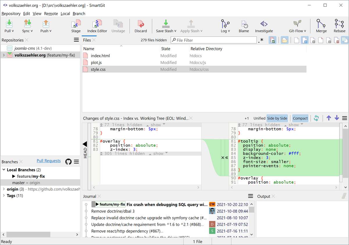 SmartGit side-by-side diff of a CSS file with unified, side-by-side, and compact view toggles