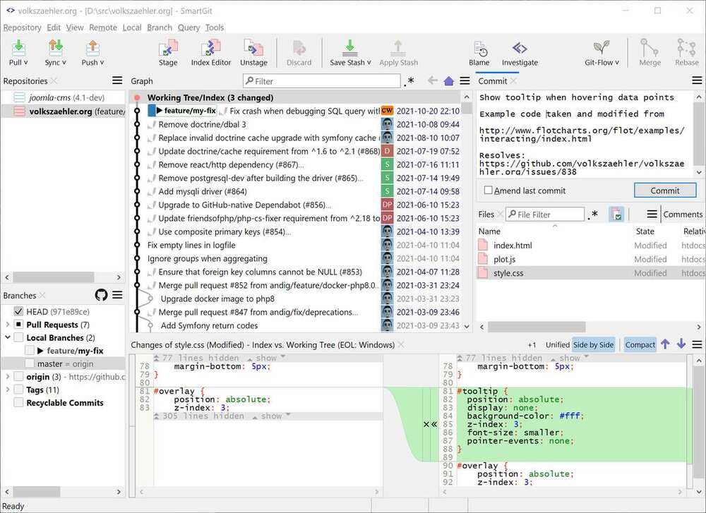 SmartGit Log window with repository list, commit graph, commit message, and a side-by-side diff