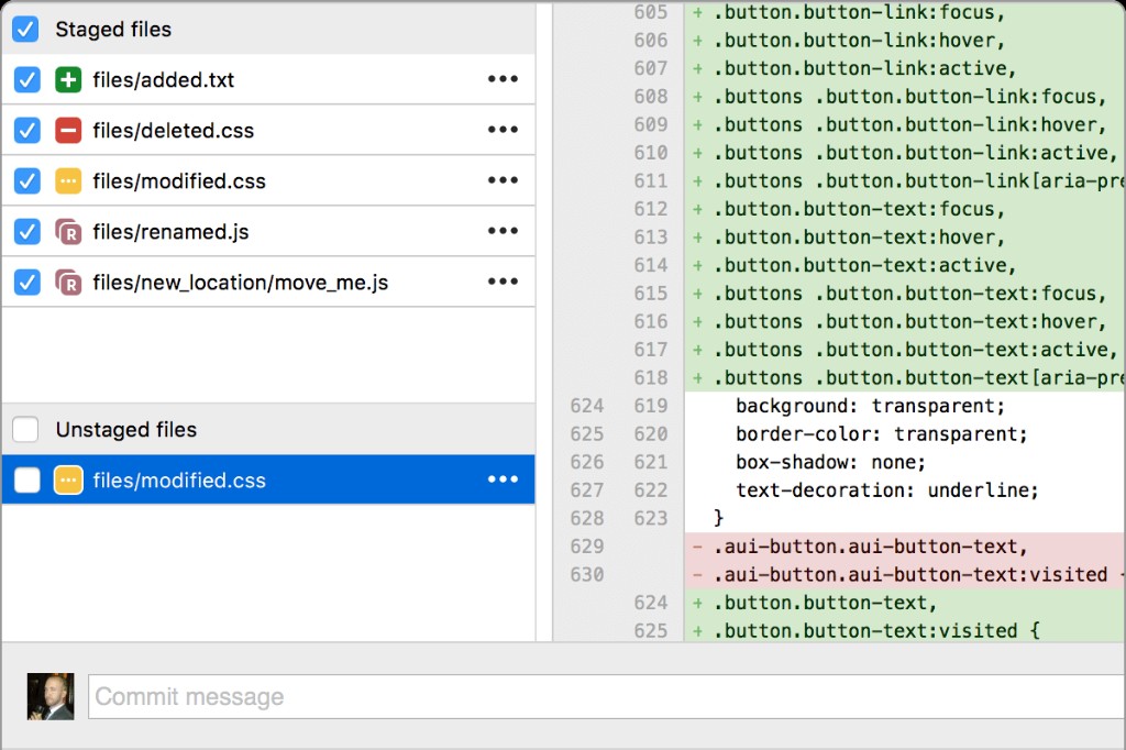 Sourcetree file status with staged and unstaged files beside a unified CSS diff and a commit message field