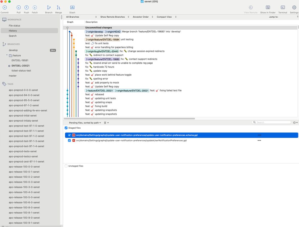 Sourcetree History with a colored commit graph, branch list, and staged-file pane