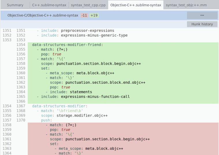 Sublime Merge unified diff of a syntax-definition file with hunk history and line-level highlights