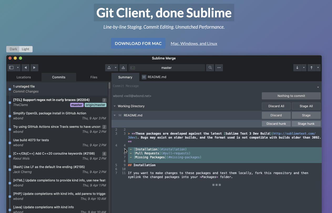 Sublime Merge marketing screenshot of the dark-theme client with hunk staging on a README diff