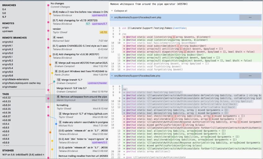 Sublime Merge's default three-column layout with locations, commit list, and a file diff