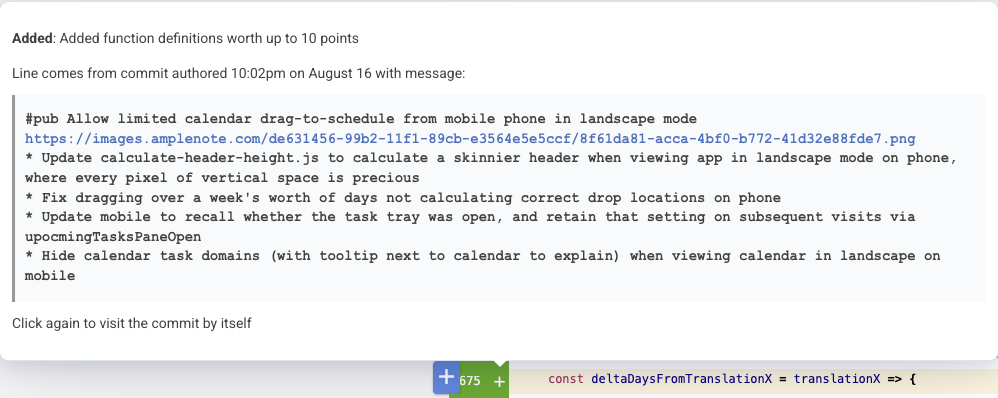 Hovering a changed line in Diff Digest reveals the authoring commit's message and the line's assessed value.