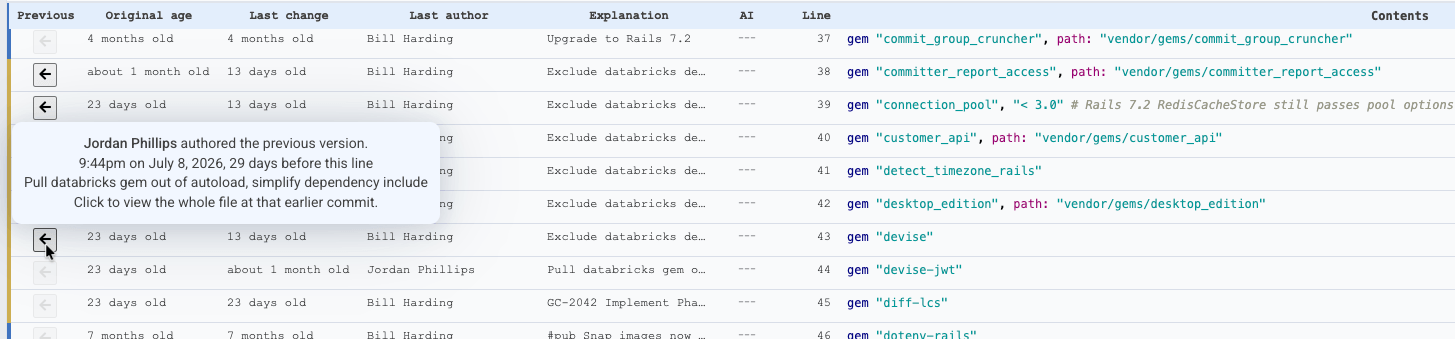 Diff Digest's rich blame view, tracing a line's history back through file moves, function relocations and partial updates.